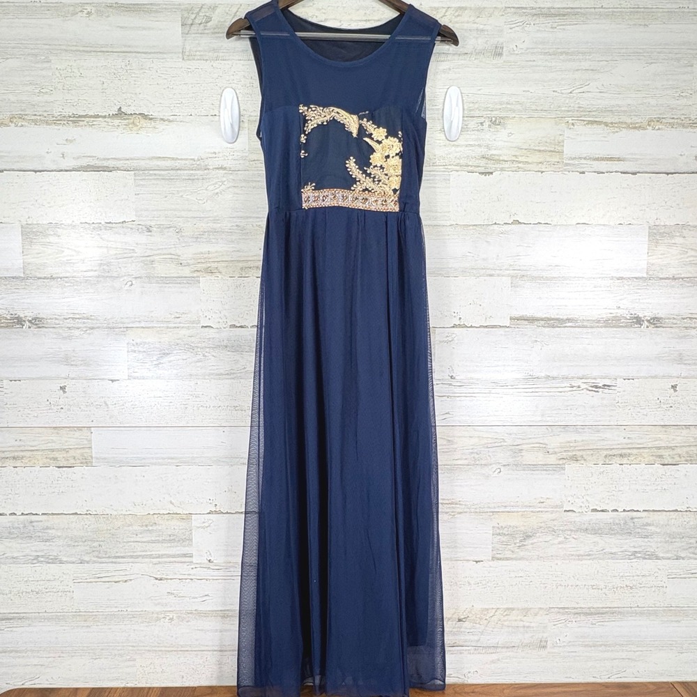 Navy Blue Formal Maxi Dress Gold‎ Embellished Tulle Evening Formal Gown Size S